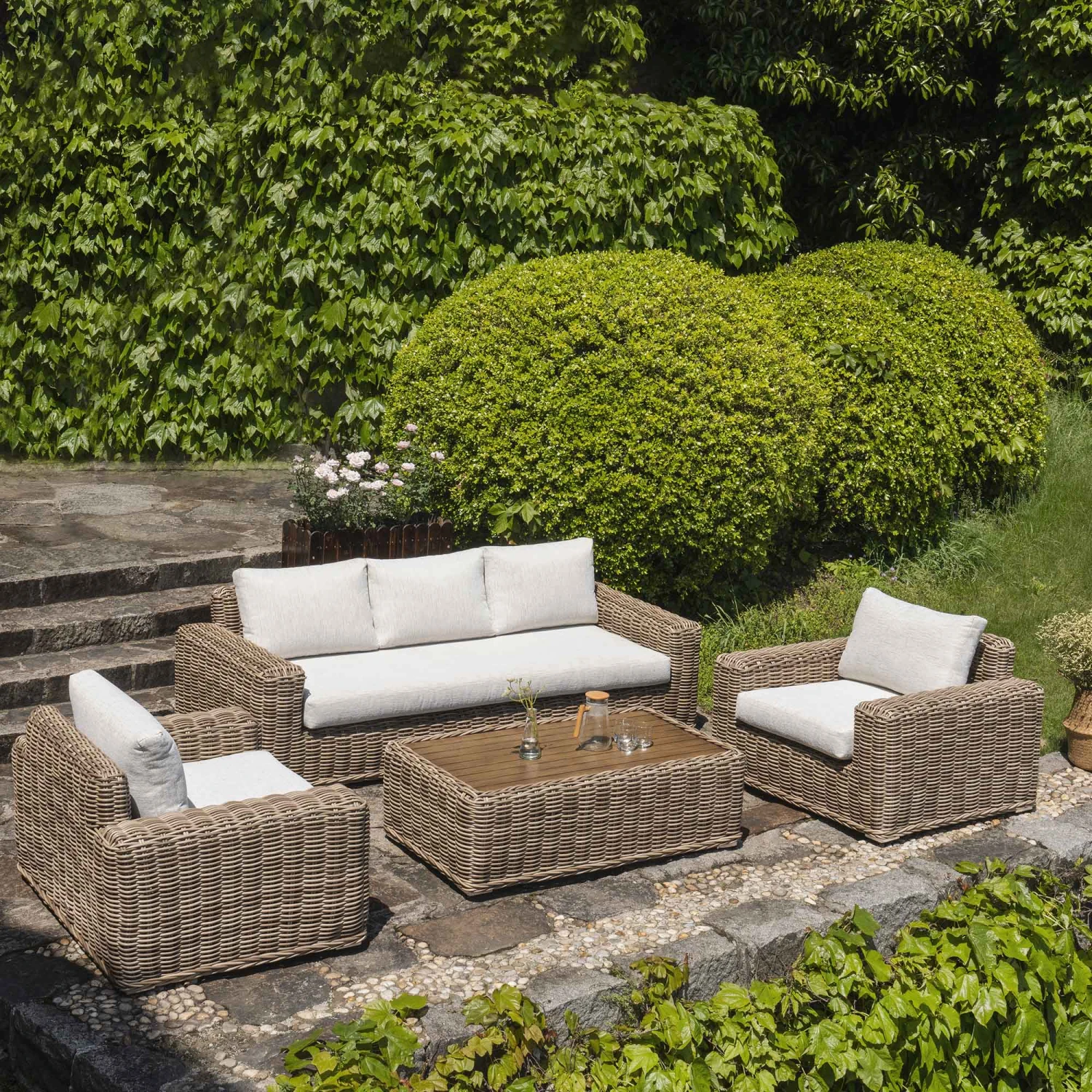 Bellagio Round Wicker Sofa Set With Coffee Table, Natural 1 Bellagio Round Wicker Sofa Set With Coffee Table, Natural