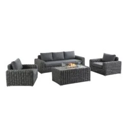 Bellagio Round Wicker Sofa Set With Firepit Coffee Table, Dark Grey