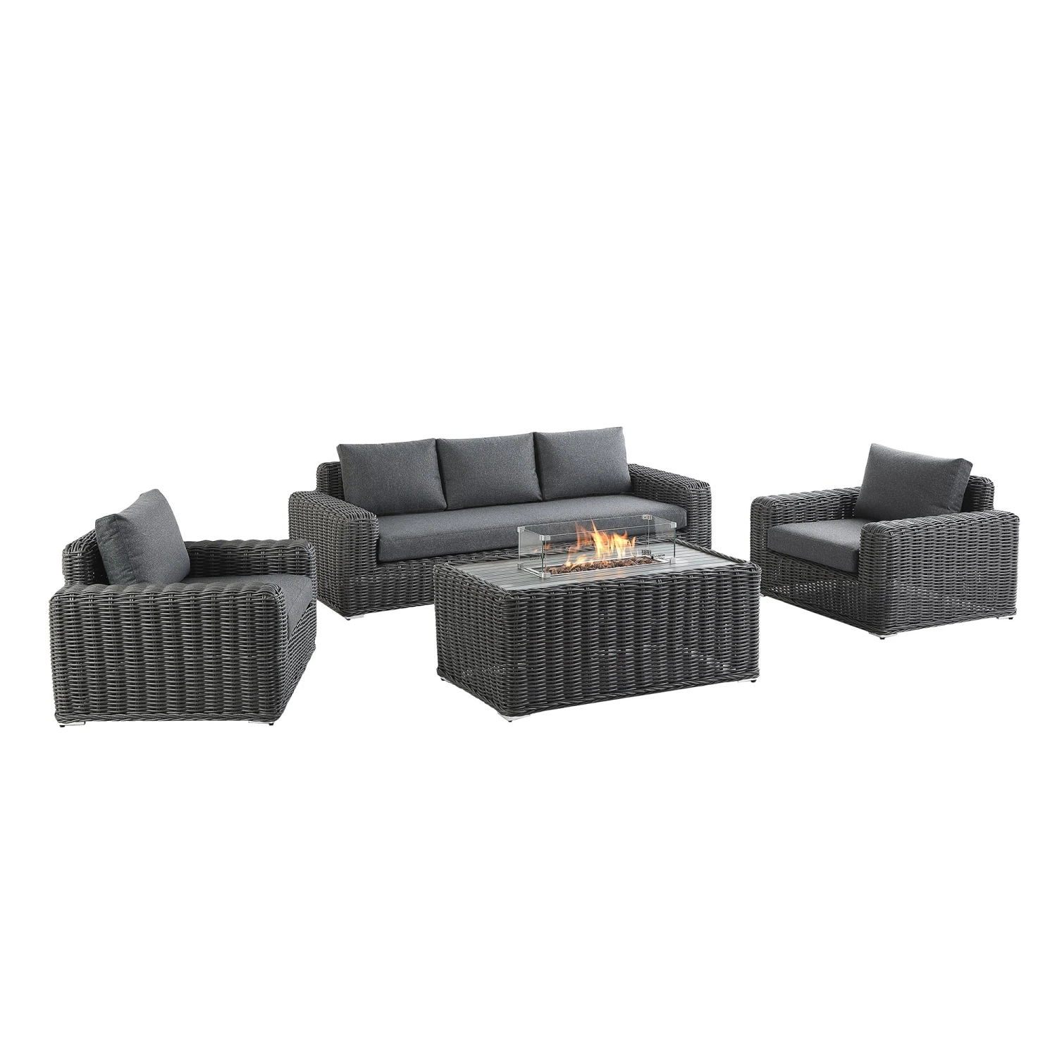 Bellagio Round Wicker Sofa Set With Firepit Coffee Table, Dark Grey 1 Bellagio Round Wicker Sofa Set With Firepit Coffee Table, Dark Grey