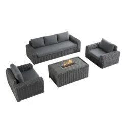 Bellagio Round Wicker Sofa Set With Firepit Coffee Table, Dark Grey 12 Bellagio Round Wicker Sofa Set With Firepit Coffee Table, Dark Grey -Daals Store OD SF 454 DARKGREY SET WB3