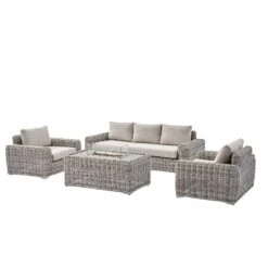 Bellagio Round Wicker Sofa Set With Firepit Coffee Table, Light Grey