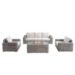 Bellagio Round Wicker Sofa Set With Firepit Coffee Table, Light Grey With Taupe Stripe