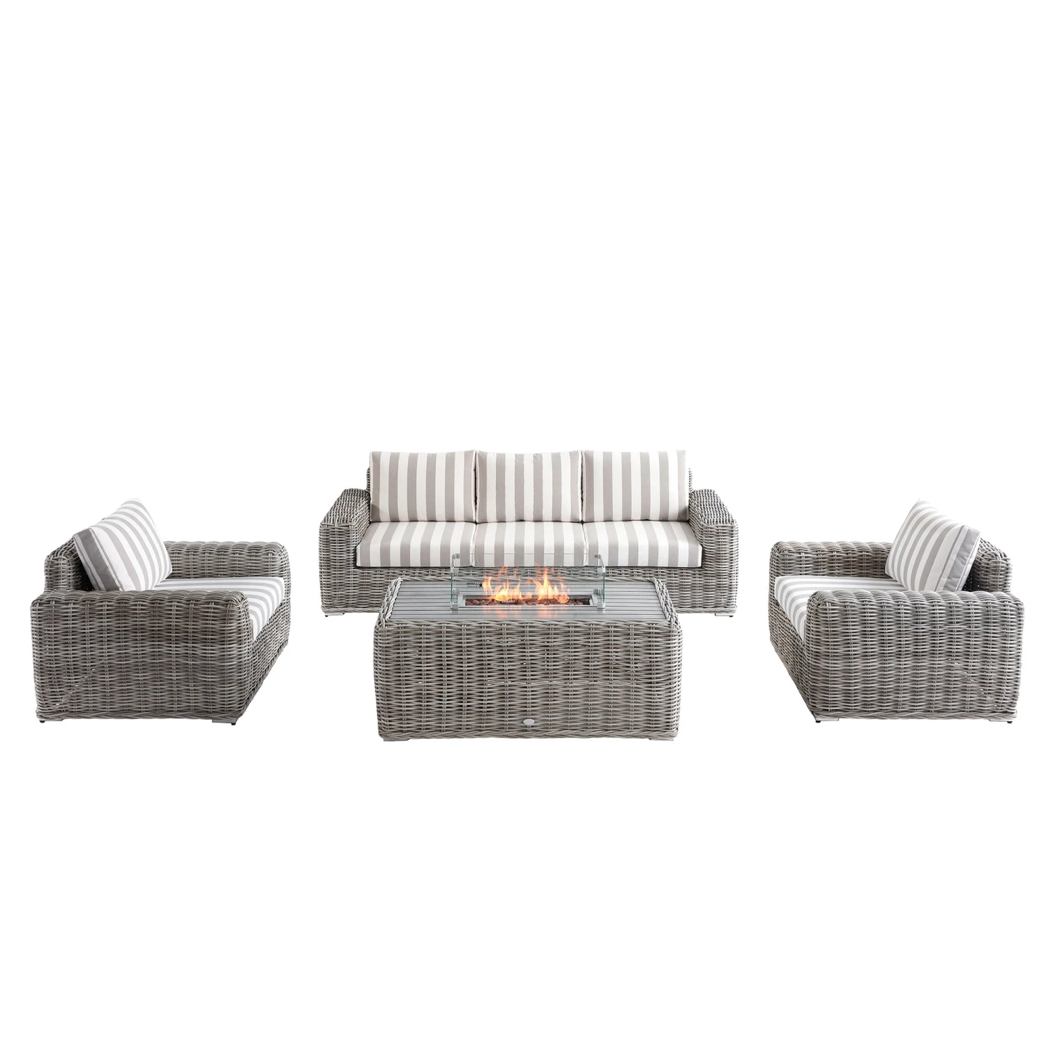 Bellagio Round Wicker Sofa Set With Firepit Coffee Table, Light Grey With Taupe Stripe 1 Bellagio Round Wicker Sofa Set With Firepit Coffee Table, Light Grey With Taupe Stripe