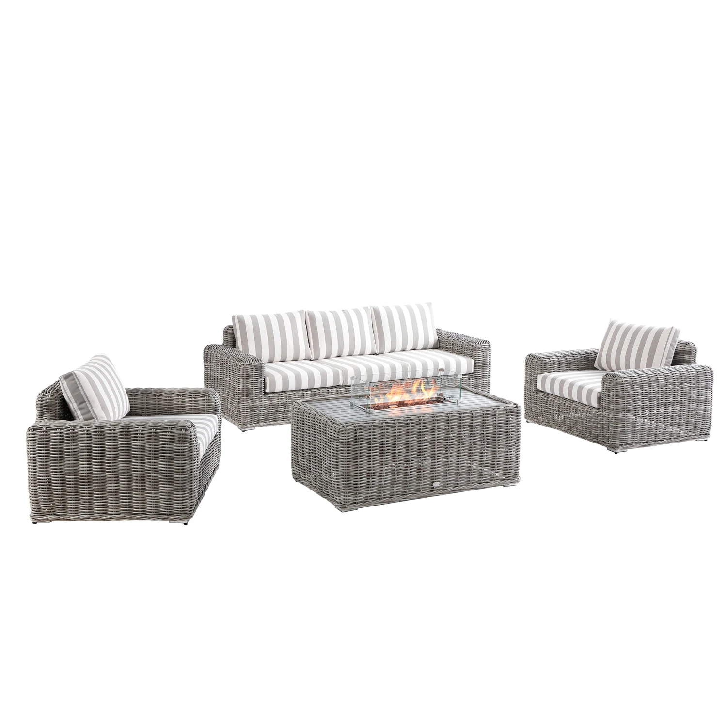 Bellagio Round Wicker Sofa Set With Firepit Coffee Table, Light Grey With Taupe Stripe 2 Bellagio Round Wicker Sofa Set With Firepit Coffee Table, Light Grey With Taupe Stripe - Image 2