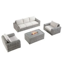 Bellagio Round Wicker Sofa Set With Firepit Coffee Table, Light Grey With Taupe Stripe 14 Bellagio Round Wicker Sofa Set With Firepit Coffee Table, Light Grey With Taupe Stripe -Daals Store OD SF 454 LGREY TAUPESTRIPE SET WB3