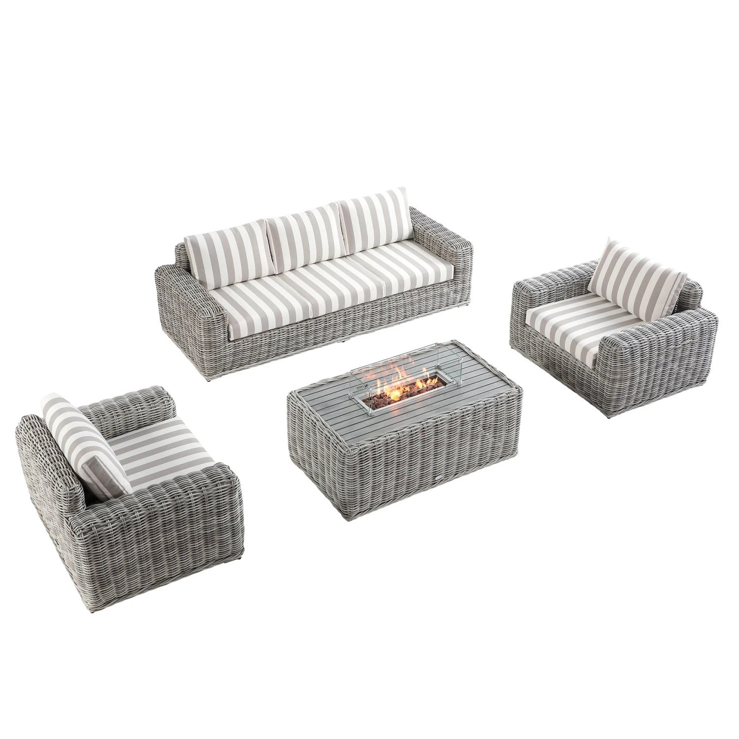 Bellagio Round Wicker Sofa Set With Firepit Coffee Table, Light Grey With Taupe Stripe 4 Bellagio Round Wicker Sofa Set With Firepit Coffee Table, Light Grey With Taupe Stripe - Image 4