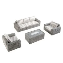 Bellagio Round Wicker Sofa Set With Firepit Coffee Table, Light Grey With Taupe Stripe 15 Bellagio Round Wicker Sofa Set With Firepit Coffee Table, Light Grey With Taupe Stripe -Daals Store OD SF 454 LGREY TAUPESTRIPE SET WB4