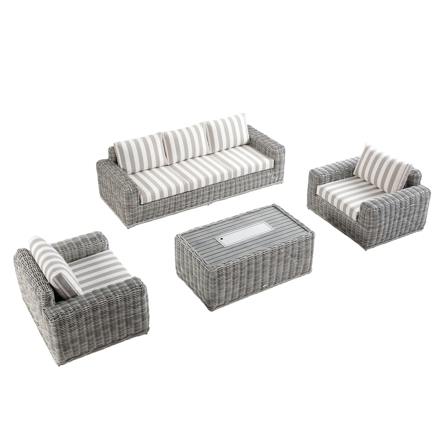 Bellagio Round Wicker Sofa Set With Firepit Coffee Table, Light Grey With Taupe Stripe 5 Bellagio Round Wicker Sofa Set With Firepit Coffee Table, Light Grey With Taupe Stripe - Image 5