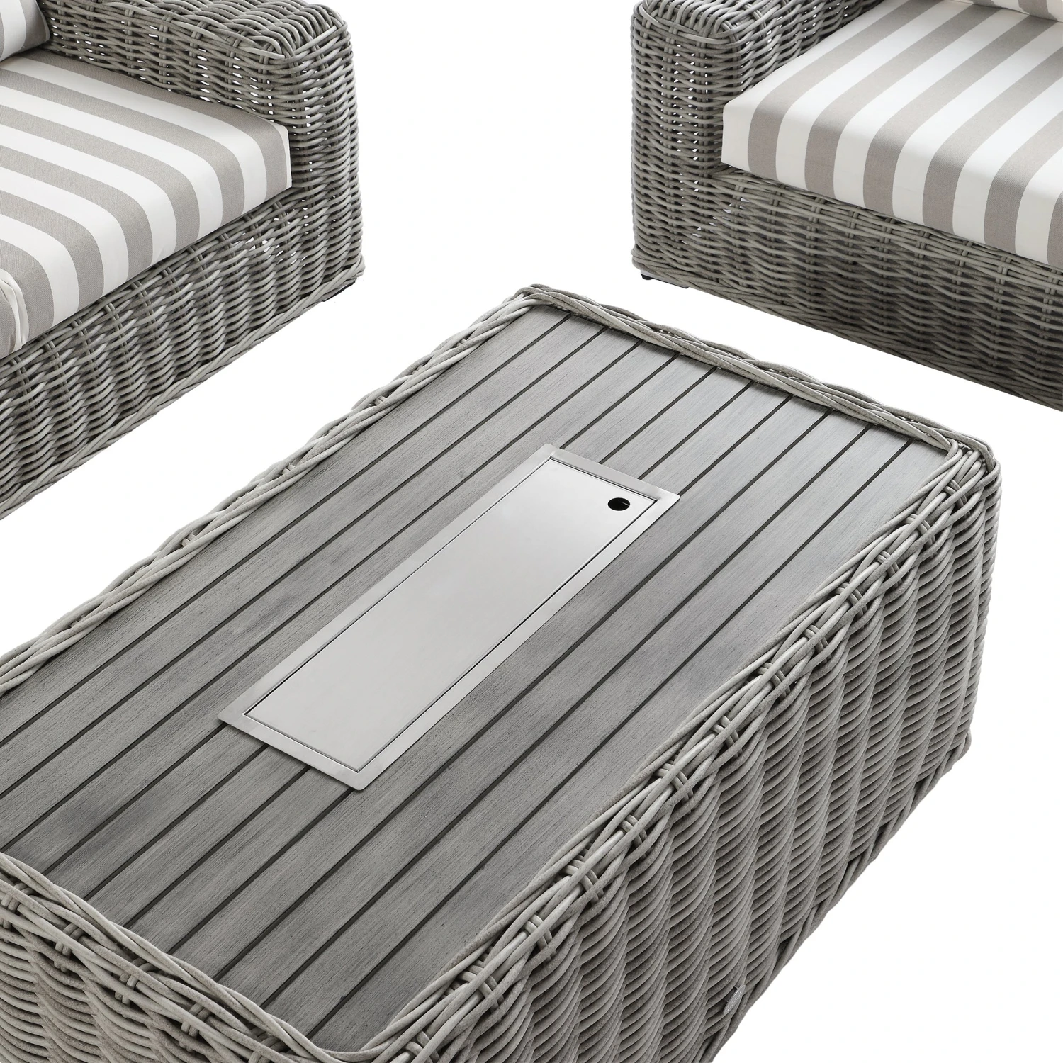 Bellagio Round Wicker Sofa Set With Firepit Coffee Table, Light Grey With Taupe Stripe 8 Bellagio Round Wicker Sofa Set With Firepit Coffee Table, Light Grey With Taupe Stripe - Image 8