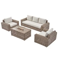 Bellagio Natural Round Wicker 5-Seater Sofa Set with Firepit Coffee Table -Daals Store OD SF 454 NAT SET WB5