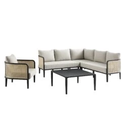Pienza Outdoor Rattan Corner Sofa Set, Oatmeal Fabric With Black Frame 29 Pienza Outdoor Rattan Corner Sofa Set, Oatmeal Fabric With Black Frame -Daals Store OD SF 4697 BLACK OAT SET WB1