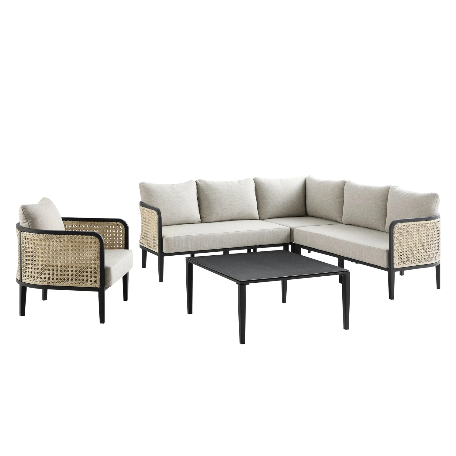 Pienza Outdoor Rattan Corner Sofa Set, Oatmeal Fabric With Black Frame 10 Pienza Outdoor Rattan Corner Sofa Set, Oatmeal Fabric With Black Frame - Image 10
