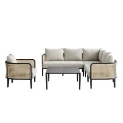 Pienza Outdoor Rattan Corner Sofa Set, Oatmeal Fabric With Black Frame 30 Pienza Outdoor Rattan Corner Sofa Set, Oatmeal Fabric With Black Frame -Daals Store OD SF 4697 BLACK OAT SET WB2