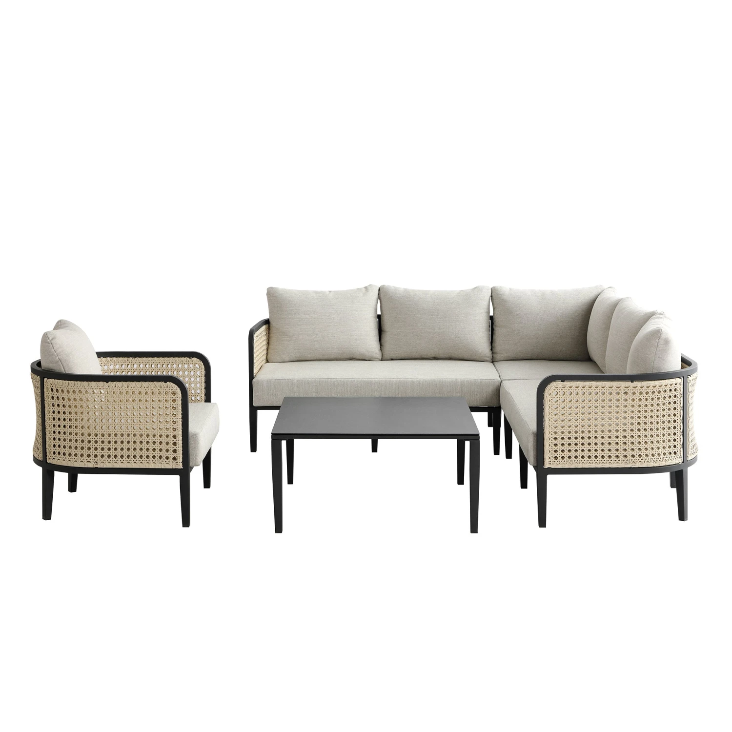 Pienza Outdoor Rattan Corner Sofa Set, Oatmeal Fabric With Black Frame 11 Pienza Outdoor Rattan Corner Sofa Set, Oatmeal Fabric With Black Frame - Image 11