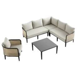 Pienza Outdoor Rattan Corner Sofa Set, Oatmeal Fabric With Black Frame 32 Pienza Outdoor Rattan Corner Sofa Set, Oatmeal Fabric With Black Frame -Daals Store OD SF 4697 BLACK OAT SET WB3