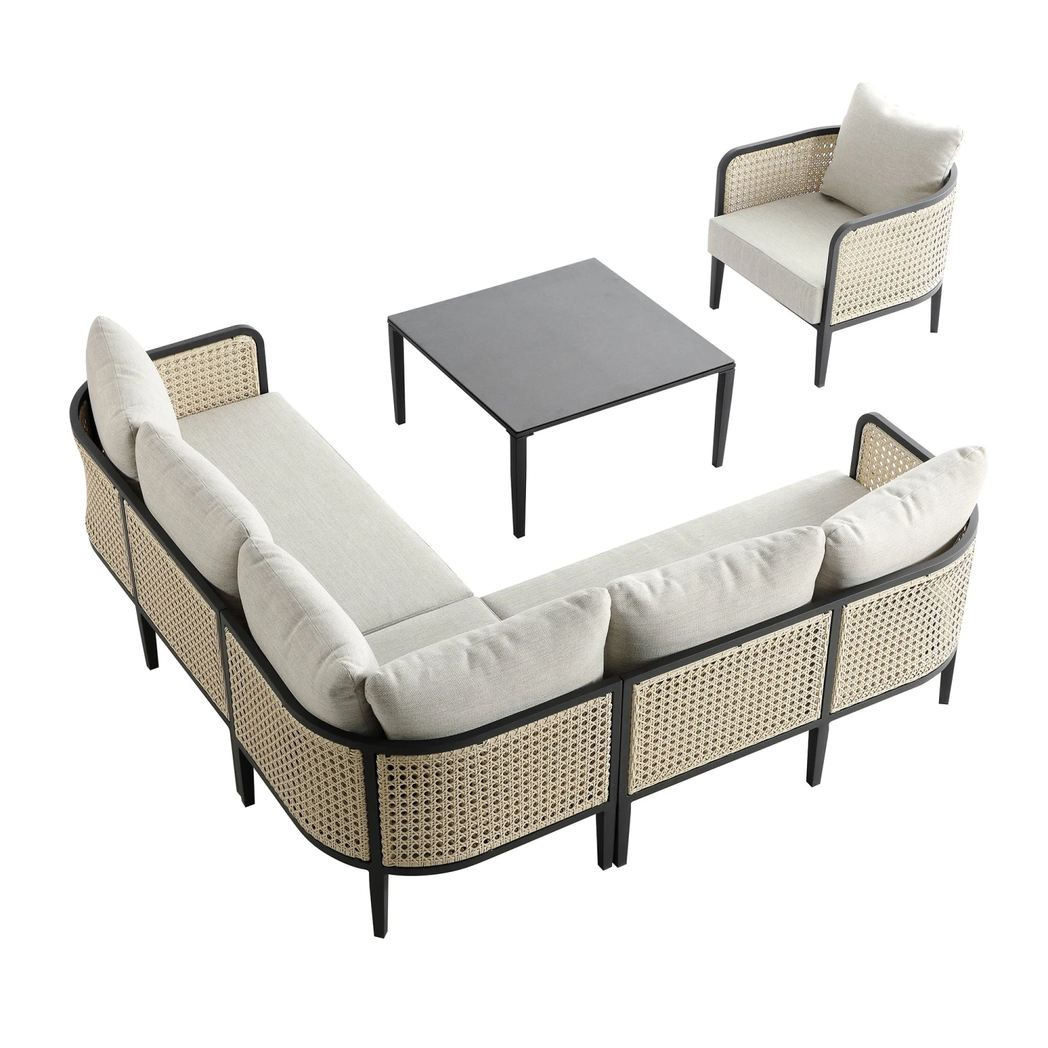 Pienza Outdoor Rattan Corner Sofa Set, Oatmeal Fabric With Black Frame 15 Pienza Outdoor Rattan Corner Sofa Set, Oatmeal Fabric With Black Frame - Image 15