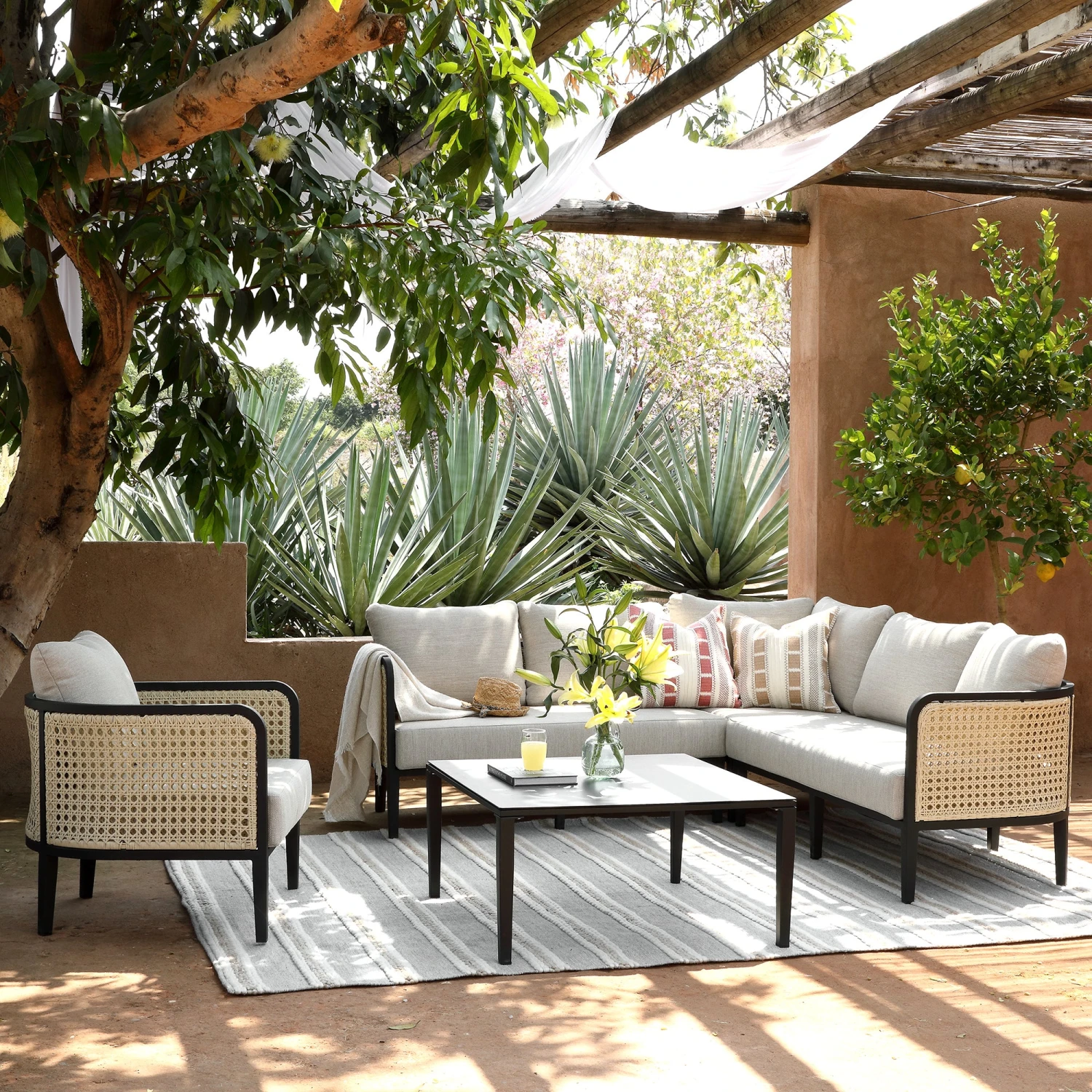 Pienza Outdoor Rattan Corner Sofa Set, Oatmeal Fabric With Black Frame 1 Pienza Outdoor Rattan Corner Sofa Set, Oatmeal Fabric With Black Frame