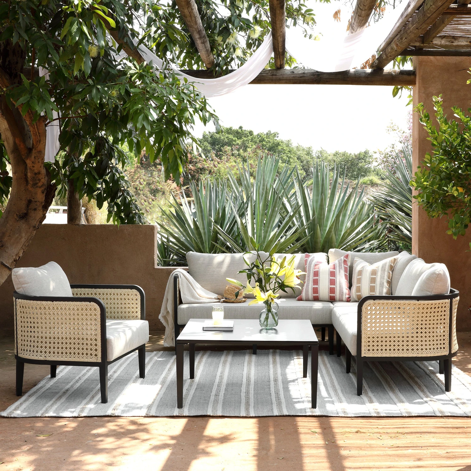 Pienza Outdoor Rattan Corner Sofa Set, Oatmeal Fabric With Black Frame 2 Pienza Outdoor Rattan Corner Sofa Set, Oatmeal Fabric With Black Frame - Image 2