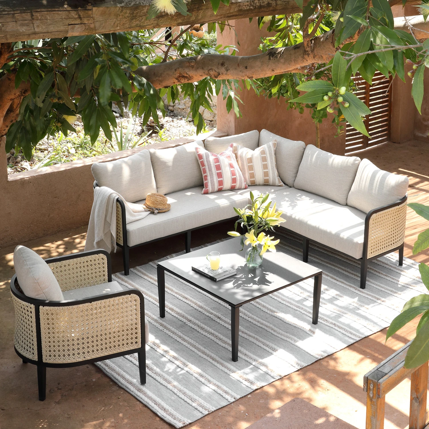 Pienza Outdoor Rattan Corner Sofa Set, Oatmeal Fabric With Black Frame 3 Pienza Outdoor Rattan Corner Sofa Set, Oatmeal Fabric With Black Frame - Image 3