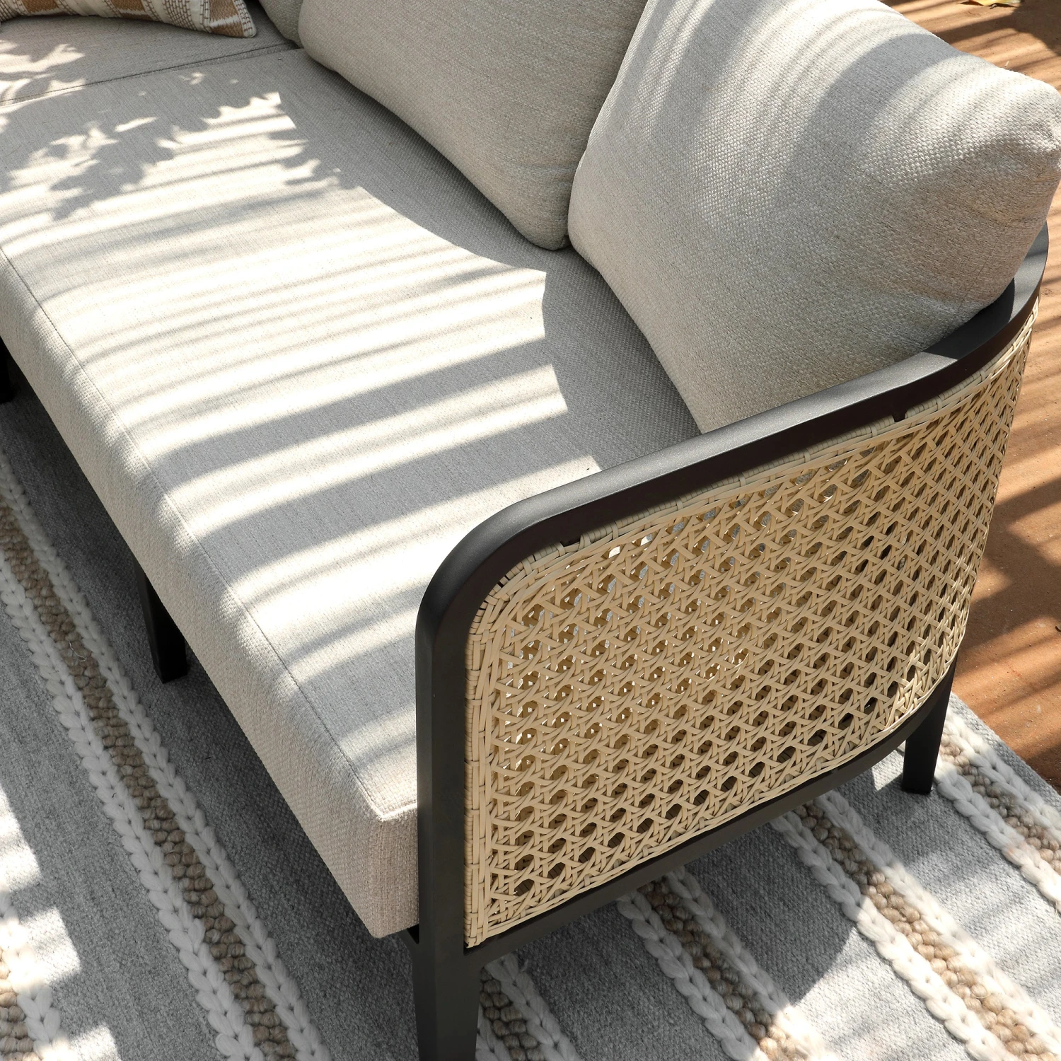 Pienza Outdoor Rattan Corner Sofa Set, Oatmeal Fabric With Black Frame 8 Pienza Outdoor Rattan Corner Sofa Set, Oatmeal Fabric With Black Frame - Image 8