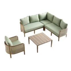 Pienza Outdoor Rattan Corner Sofa Set - Sage Green Fabric & Light Walnut Wood Effect Modular Lounge Set -Daals Store OD SF 4697 WALN GREEN SET WB2