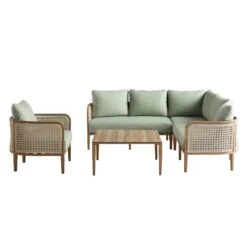Pienza Outdoor Rattan Corner Sofa Set - Sage Green Fabric & Light Walnut Wood Effect Modular Lounge Set -Daals Store OD SF 4697 WALN GREEN SET WB3