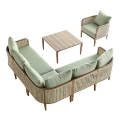 Pienza Outdoor Rattan Corner Sofa Set - Sage Green Fabric & Light Walnut Wood Effect Modular Lounge Set -Daals Store OD SF 4697 WALN GREEN SET WB5