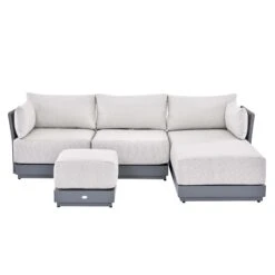 Pedra Carbon Grey Aluminium and Fishbone Rope Reversible Chaise Sofa Set – Includes Beige Cushions and Multi-Functional Stool -Daals Store OD SF 4967 GREY SET WB3