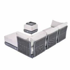 Pedra Carbon Grey Aluminium and Fishbone Rope Reversible Chaise Sofa Set – Includes Beige Cushions and Multi-Functional Stool -Daals Store OD SF 4967 GREY SET WB5