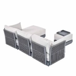 Pedra Carbon Grey Aluminium and Fishbone Rope Reversible Chaise Sofa Set – Includes Beige Cushions and Multi-Functional Stool -Daals Store OD SF 4967 GREY SET WB6