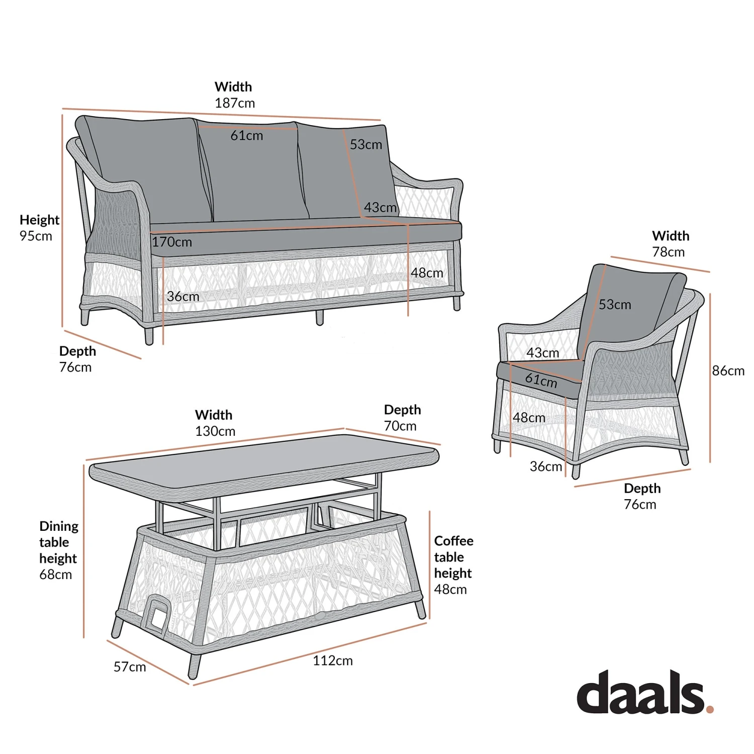 Willowbrook Lattice Weave Rattan 5-Seater Sofa Set With Rising Table, White 19 Willowbrook Lattice Weave Rattan 5-Seater Sofa Set With Rising Table, White - Image 19