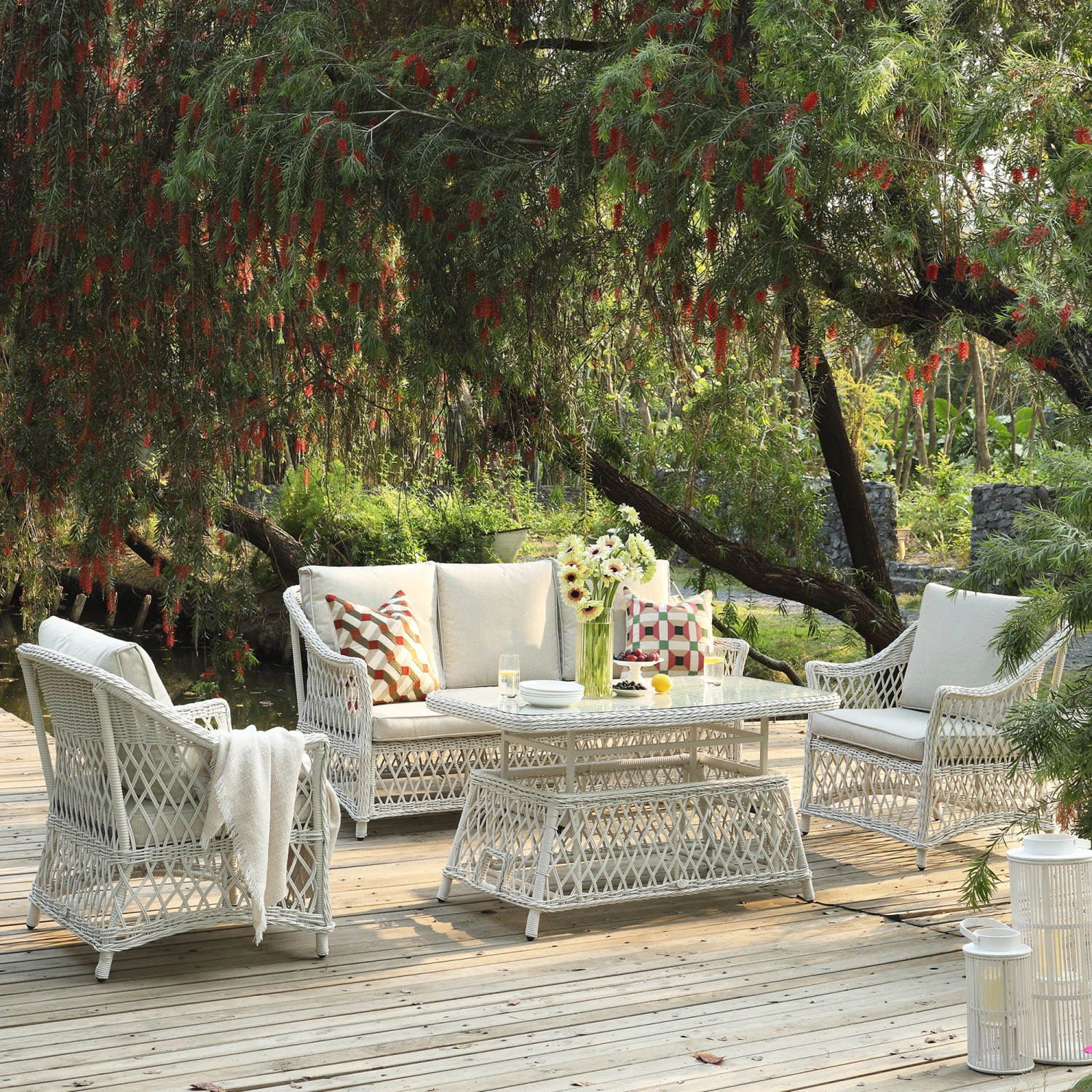 Willowbrook Lattice Weave Rattan 5-Seater Sofa Set With Rising Table, White 1 Willowbrook Lattice Weave Rattan 5-Seater Sofa Set With Rising Table, White