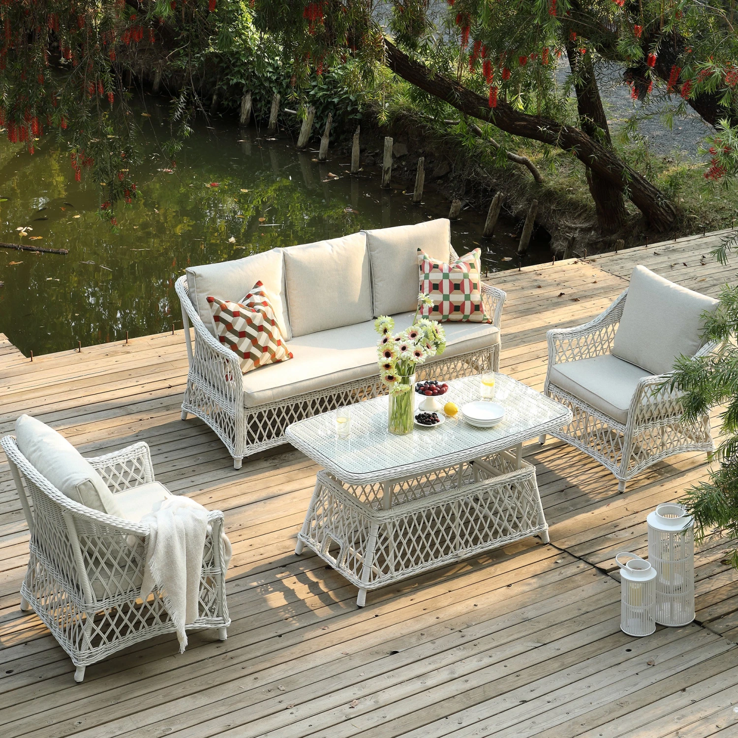 Willowbrook Lattice Weave Rattan 5-Seater Sofa Set With Rising Table, White 6 Willowbrook Lattice Weave Rattan 5-Seater Sofa Set With Rising Table, White - Image 6
