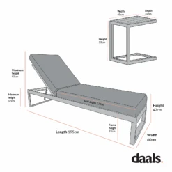 Albany Aluminium Sun Lounger & Side Table Set - Charcoal Black Frame with Taupe Grey Cushions (3-Piece Garden Set) -Daals Store OD SLG 155 SET CHART 2