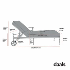 Haymes Antique Scrolled Metal Sun Lounger with Wheels β Beige Cushioned Garden Recliner 17 Haymes Antique Scrolled Metal Sun Lounger with Wheels β Beige Cushioned Garden Recliner -Daals Store OD SLG 161 CHART