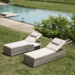 Hampshire Round Wicker Rattan Sun Lounger Set With Side Table, Light Grey