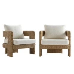 Stanford Natural with Beige Cushions – Round Wicker All-Weather Outdoor Armchair Set