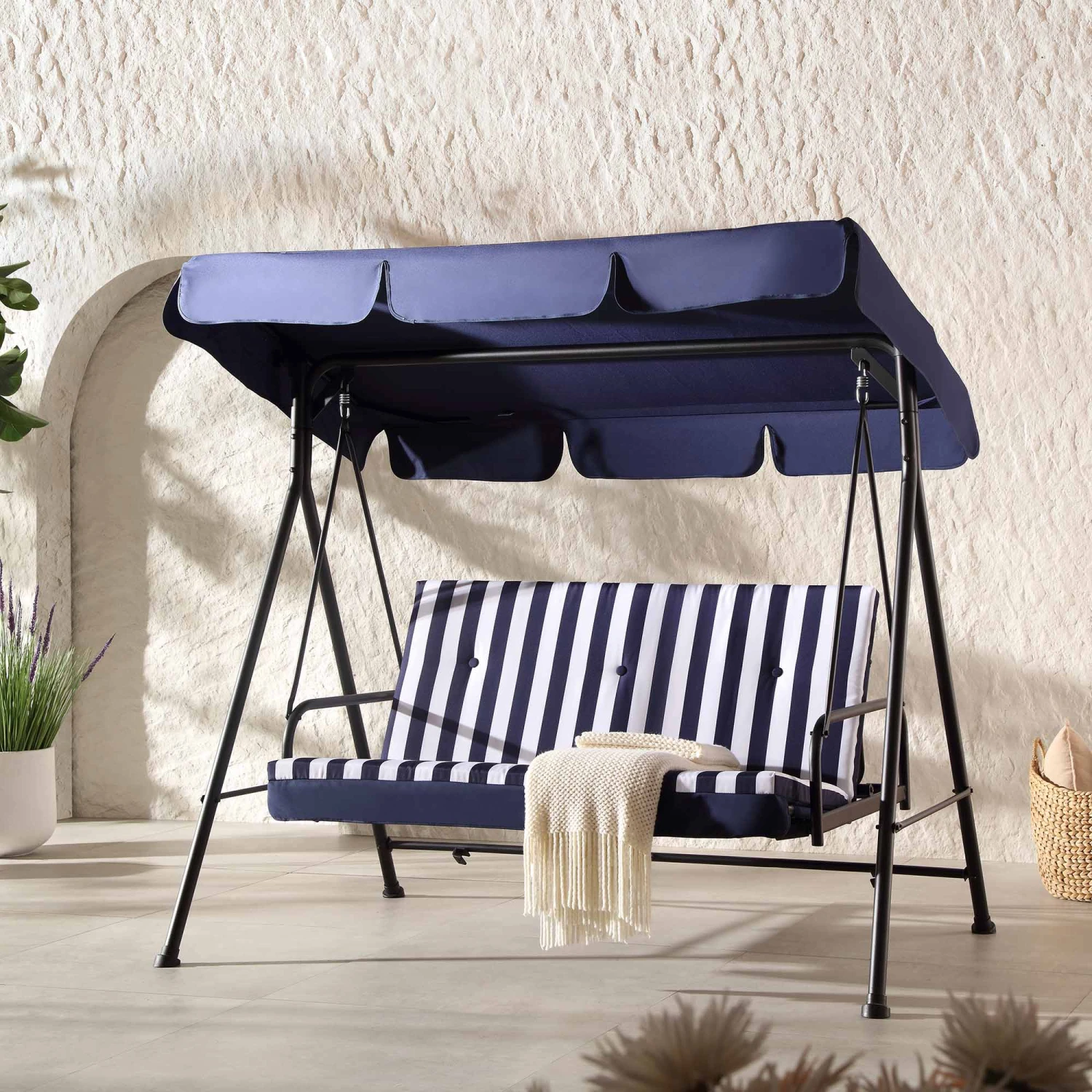 Champneys Blue Striped Reclining 3-Seater Garden Swing Seat β Reversible Cushions with Sun-Bed Mode 1 Champneys Blue Striped Reclining 3-Seater Garden Swing Seat β Reversible Cushions with Sun-Bed Mode
