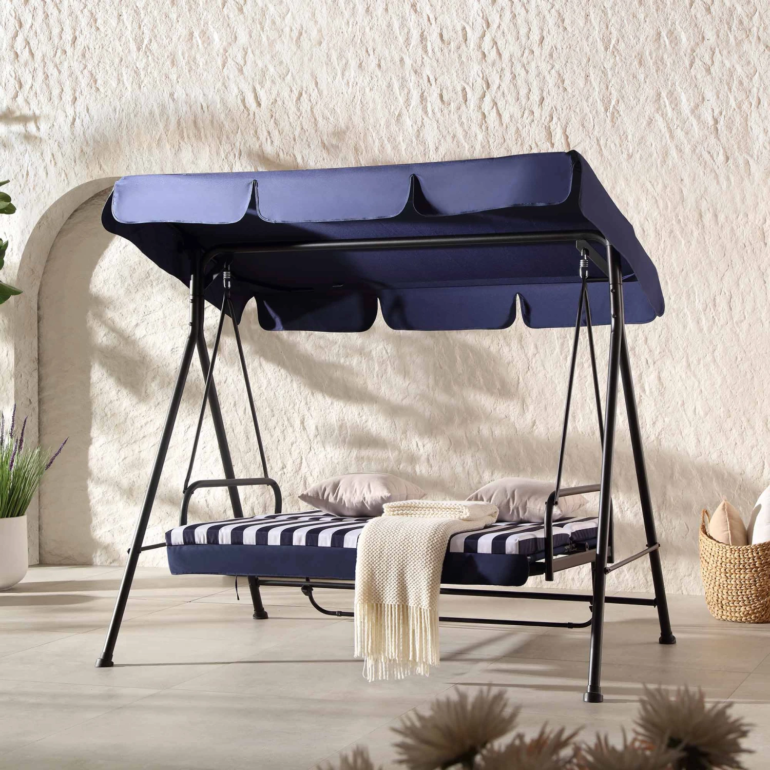 Champneys Blue Striped Reclining 3-Seater Garden Swing Seat β Reversible Cushions with Sun-Bed Mode 2 Champneys Blue Striped Reclining 3-Seater Garden Swing Seat β Reversible Cushions with Sun-Bed Mode - Image 2