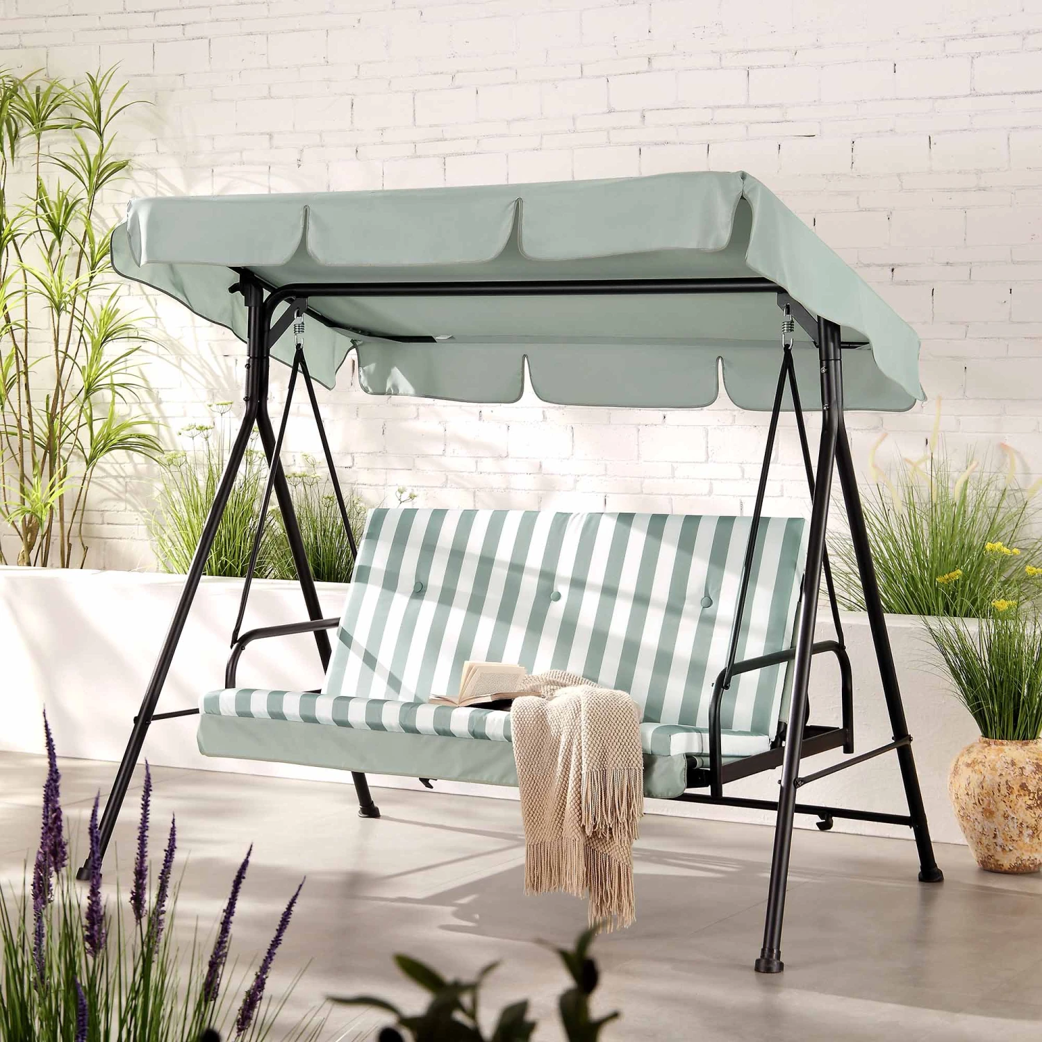 Champneys Outdoor Reclining Swing With Canopy, Sage Green Striped 1 Champneys Outdoor Reclining Swing With Canopy, Sage Green Striped