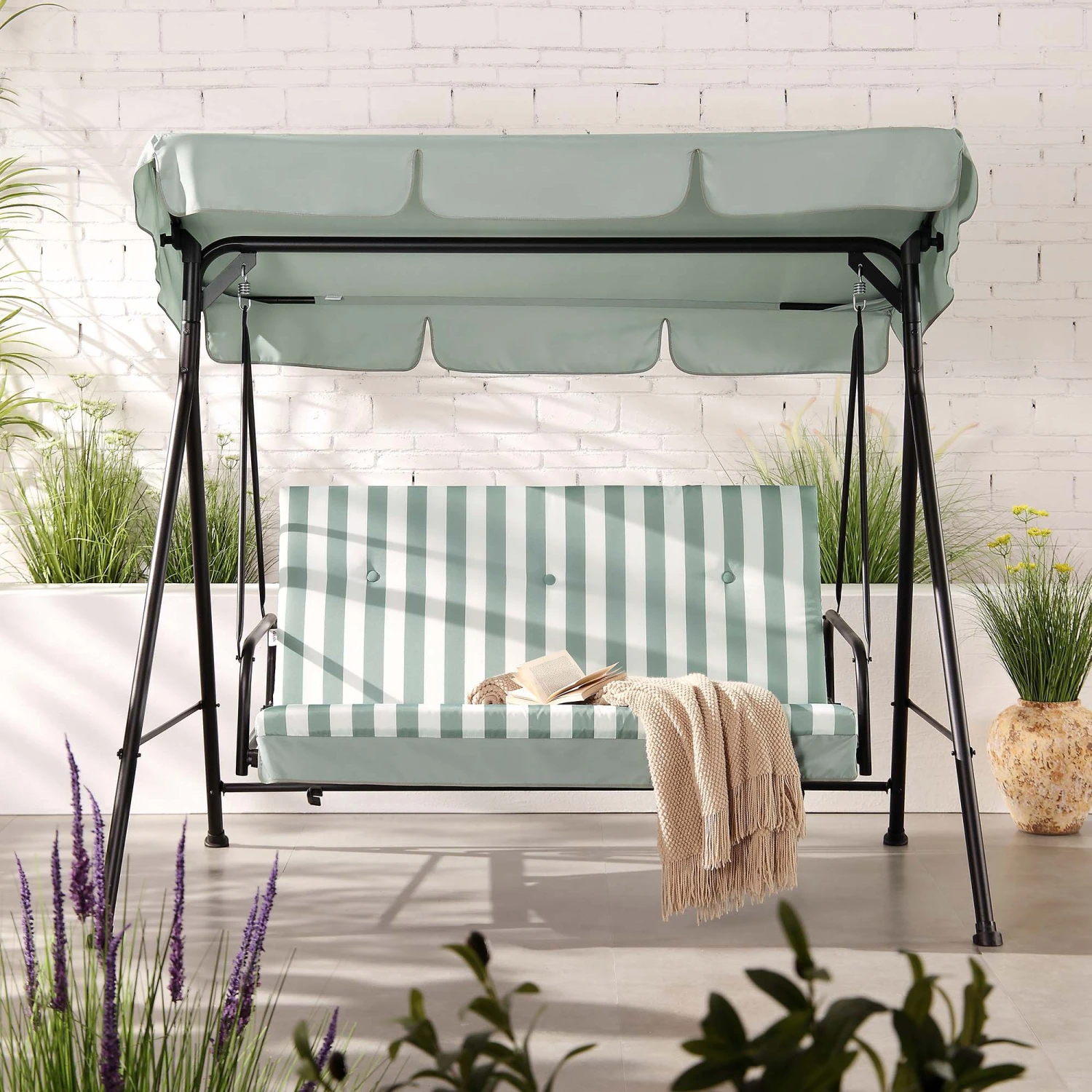 Champneys Outdoor Reclining Swing With Canopy, Sage Green Striped 2 Champneys Outdoor Reclining Swing With Canopy, Sage Green Striped - Image 2