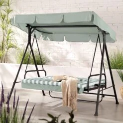 Champneys Outdoor Reclining Swing With Canopy, Sage Green Striped 15 Champneys Outdoor Reclining Swing With Canopy, Sage Green Striped -Daals Store OD SWG 057 SAGE scene2