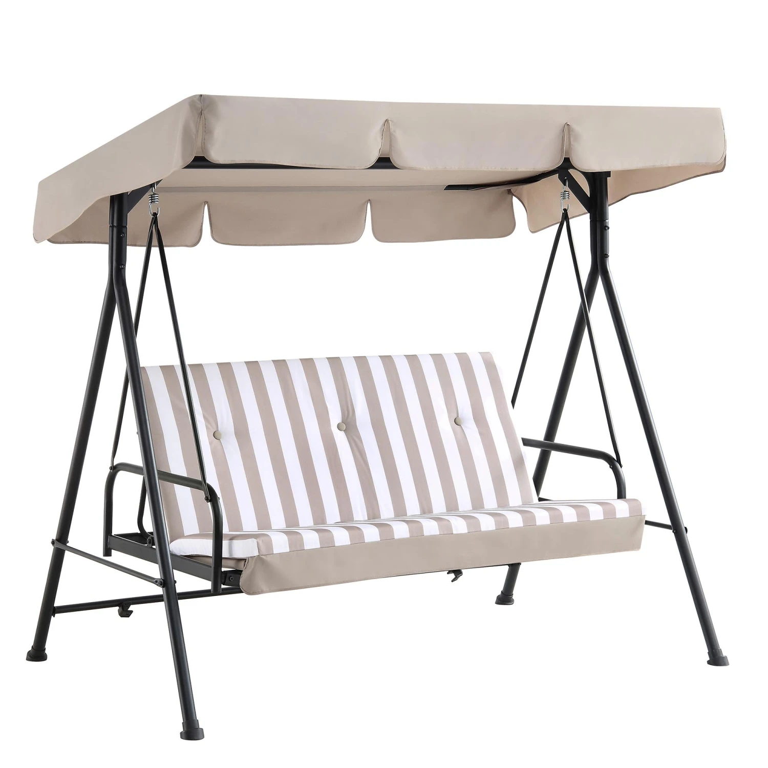 Champneys Taupe Striped Reclining 3-Seater Outdoor Swing Chair with Canopy - Convertible Sun-Bed 6 Champneys Taupe Striped Reclining 3-Seater Outdoor Swing Chair with Canopy - Convertible Sun-Bed - Image 6