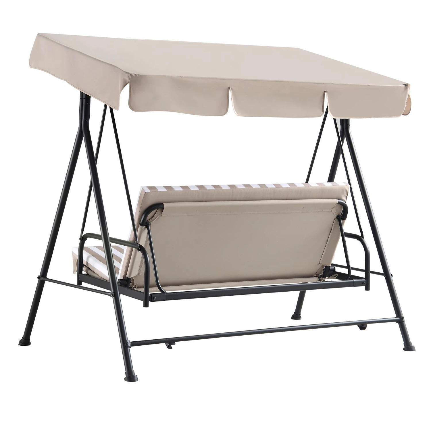 Champneys Taupe Striped Reclining 3-Seater Outdoor Swing Chair with Canopy - Convertible Sun-Bed 9 Champneys Taupe Striped Reclining 3-Seater Outdoor Swing Chair with Canopy - Convertible Sun-Bed - Image 9