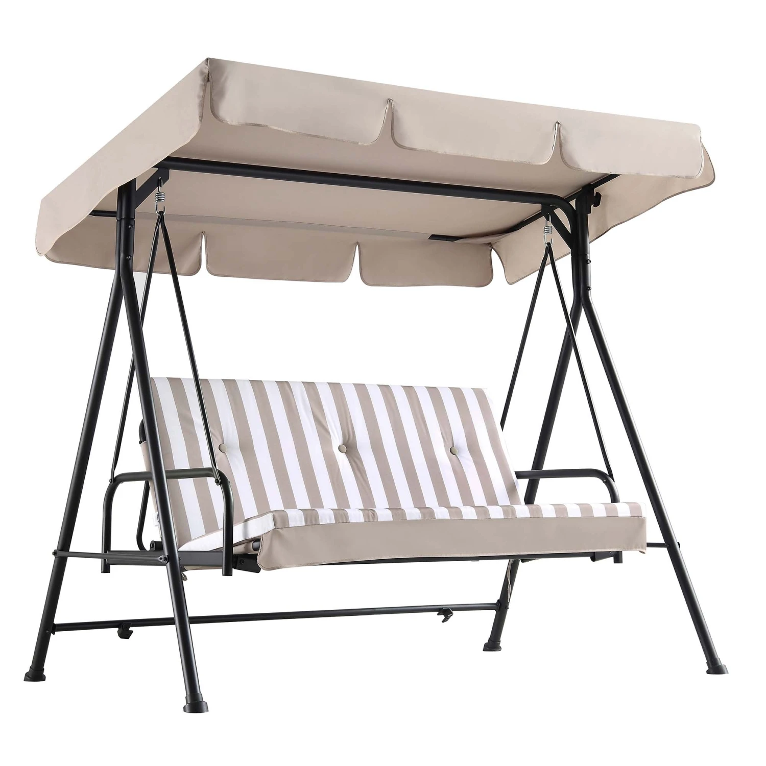 Champneys Taupe Striped Reclining 3-Seater Outdoor Swing Chair with Canopy - Convertible Sun-Bed 10 Champneys Taupe Striped Reclining 3-Seater Outdoor Swing Chair with Canopy - Convertible Sun-Bed - Image 10