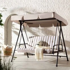 Champneys Outdoor Reclining Swing With Canopy, Taupe Striped