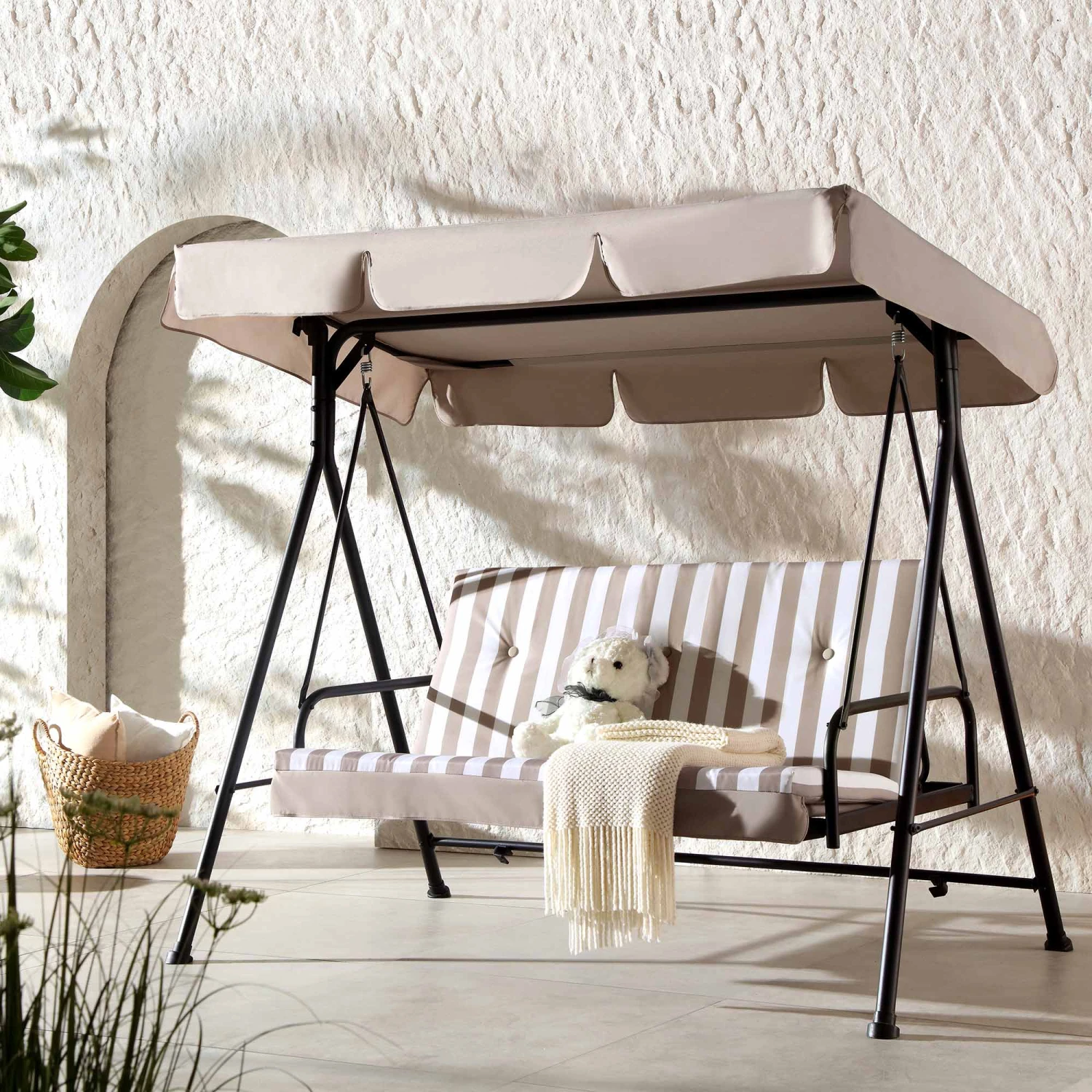 Champneys Taupe Striped Reclining 3-Seater Outdoor Swing Chair with Canopy - Convertible Sun-Bed 1 Champneys Taupe Striped Reclining 3-Seater Outdoor Swing Chair with Canopy - Convertible Sun-Bed