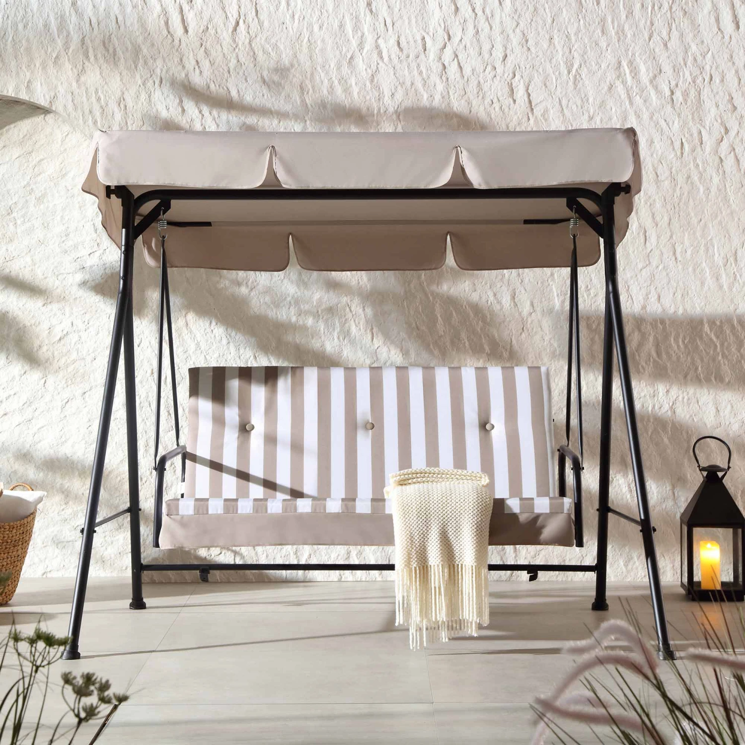 Champneys Taupe Striped Reclining 3-Seater Outdoor Swing Chair with Canopy - Convertible Sun-Bed 2 Champneys Taupe Striped Reclining 3-Seater Outdoor Swing Chair with Canopy - Convertible Sun-Bed - Image 2