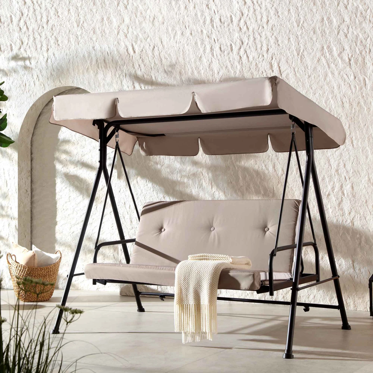 Champneys Taupe Striped Reclining 3-Seater Outdoor Swing Chair with Canopy - Convertible Sun-Bed 4 Champneys Taupe Striped Reclining 3-Seater Outdoor Swing Chair with Canopy - Convertible Sun-Bed - Image 4