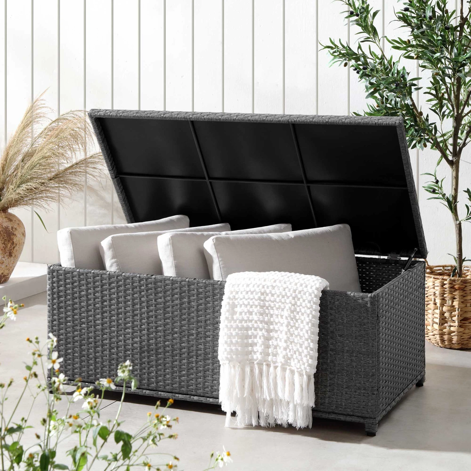 Granchester 120cm Grey Rattan Garden Storage Box β Hydraulic Lid Outdoor Cushion Trunk 1 Granchester 120cm Grey Rattan Garden Storage Box β Hydraulic Lid Outdoor Cushion Trunk